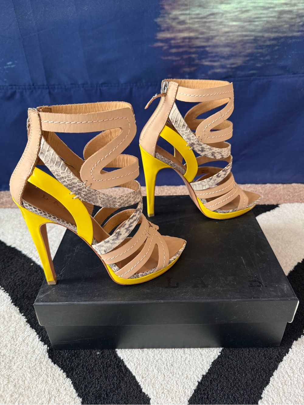L.A.M.B. Beige Strappy Pointed-Toe High-Heel Sandals with Snakeskin Accent - Picture 3 of 5